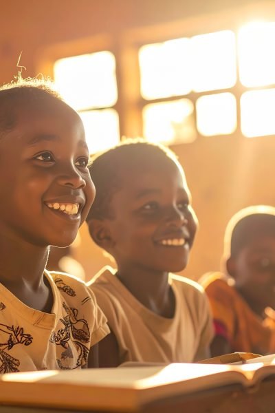 Firefly_African schoolchildren reading books in a classroom, sunlight through windows, joyful 334152